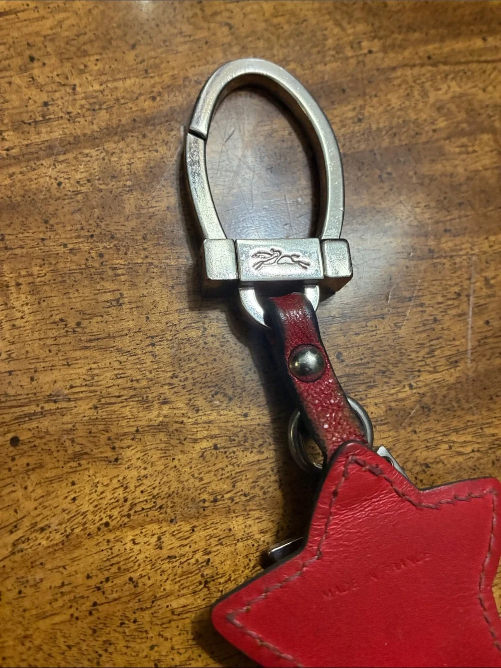 Longchamp Red Star Leather Key Fob with Metal Detail